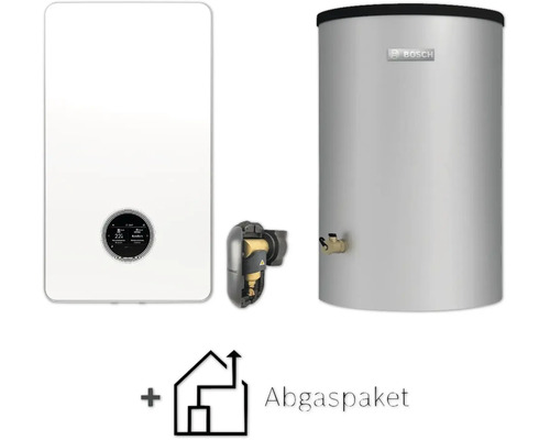 Chaudière à condensation au gaz Bosch avec ballon d eau chaude et kit d évacuation.