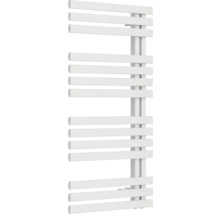 Radiateur de salle de bains blanc avec tubes plats, design asymétrique.