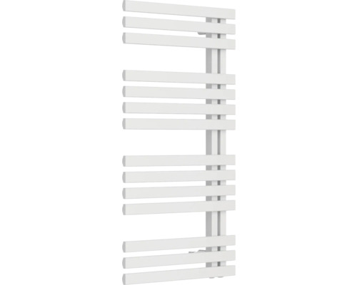 Radiateur de salle de bains blanc avec tubes plats, design asymétrique.