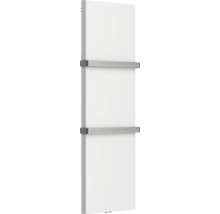 Radiateur design vertical blanc avec deux porte-serviettes en métal brossé.