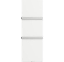Radiateur plat vertical blanc avec deux porte-serviettes métalliques.