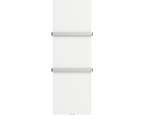 Radiateur plat vertical blanc avec deux porte-serviettes métalliques.