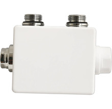 Bloc de raccordement pour radiateur blanc avec deux raccords supérieurs et des jonctions latérales en métal et plastique.