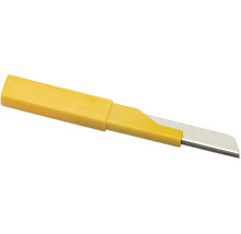Cutter jaune avec manche en plastique et lame en métal.