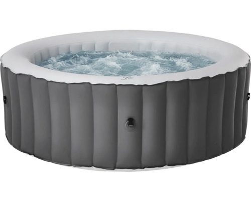 Spa gonflable gris avec eau bouillonnante et paroi extérieure nervurée.