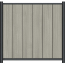 Sichtschutzzaun aus Verbundwerkstoff mit vertikalen grauen Paneelen in Holzoptik und einem dunklen Metallrahmen.