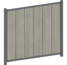 WPC-Sichtschutzzaun mit vertikalen Lamellen in Holzoptik und anthrazitfarbenem Aluminiumrahmen.