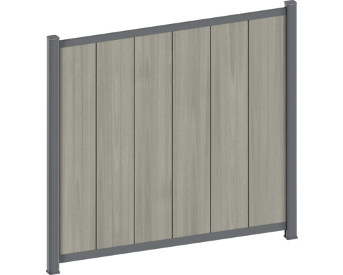 WPC-Sichtschutzzaun mit vertikalen Lamellen in Holzoptik und anthrazitfarbenem Aluminiumrahmen.