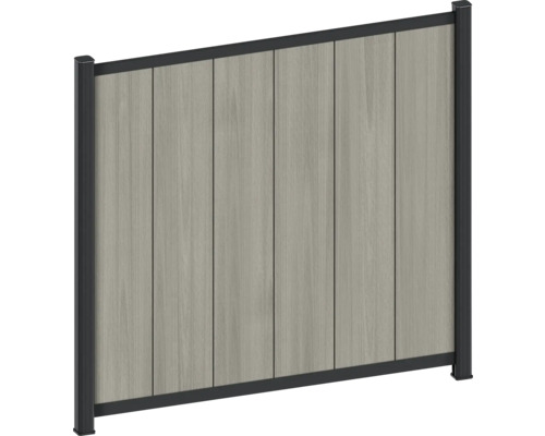 Sichtschutzzaun mit vertikalen Paneelen in Holzoptik und schwarzem Metallrahmen.