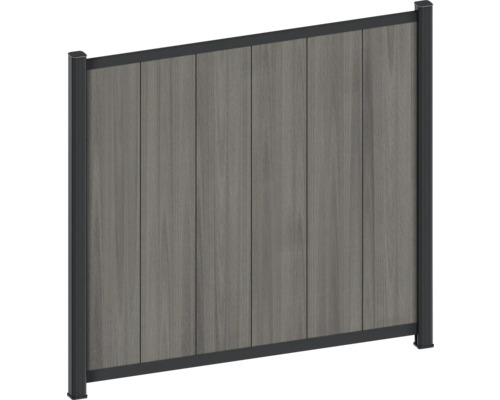 Clôture de protection en lames WPC aspect bois avec cadre en aluminium.