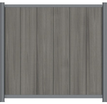 Élément de clôture pare-vue gris avec lames verticales en composite bois-plastique et cadre en aluminium.