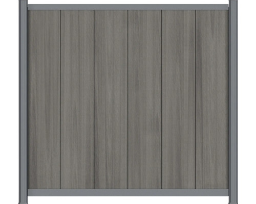 Graues Sichtschutzzaun-Element mit vertikalen Lamellen aus Holz-Kunststoff-Verbundwerkstoff und Aluminiumrahmen.