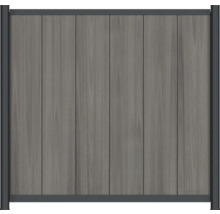 Clôture brise-vue en WPC avec des lamelles verticales à l'aspect bois et un cadre métallique sombre.