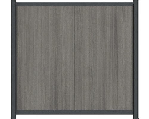 Clôture brise-vue en WPC avec des lamelles verticales à l'aspect bois et un cadre métallique sombre.