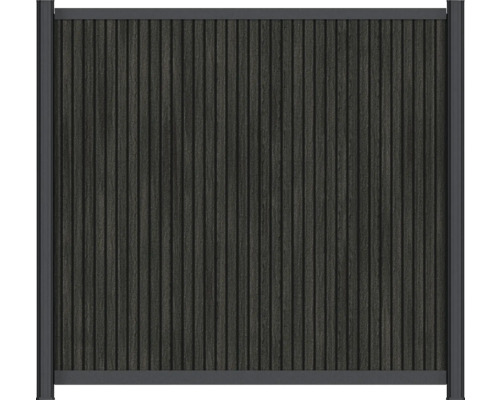 Clôture de protection contre les regards anthracite en composite bois-plastique avec lattes verticales et cadre métallique.