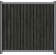 Panneau de clôture en composite bois-plastique avec lamelles verticales aspect bois anthracite et cadre en aluminium argenté.