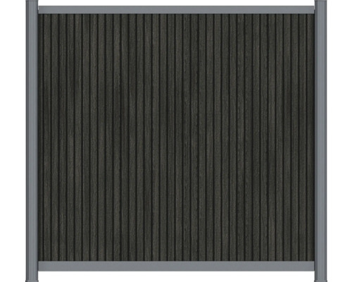 Panneau de clôture en composite bois-plastique avec lamelles verticales aspect bois anthracite et cadre en aluminium argenté.