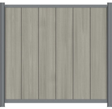 Sichtschutzzaun-Element aus WPC mit vertikalen Lamellen in Holzoptik und grauem Metallrahmen.