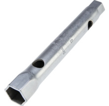 Clé à pipe en acier chromé avec profil hexagonal aux deux extrémités et trous pour broche de manœuvre.