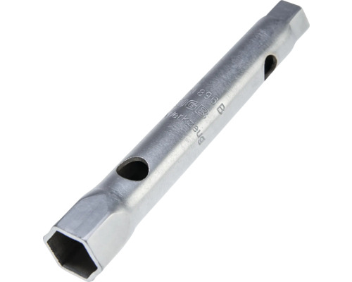 Clé à pipe en acier chromé avec profil hexagonal aux deux extrémités et trous pour broche de manœuvre.