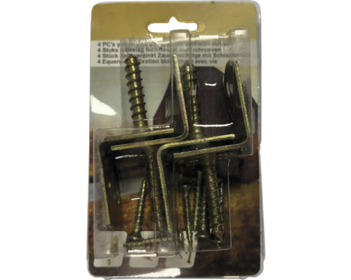 Lot de 4 équerres de fixation pour clôture en métal bichromaté avec vis dans un emballage blister.