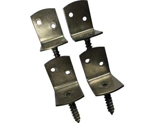 Quatre équerres de fixation en métal avec vis pour un montage solide.