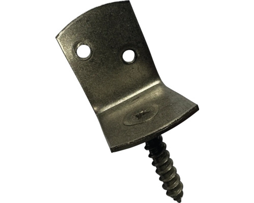 Winkelverbinder aus Metall mit integrierter Schraube und zwei Befestigungslöchern.