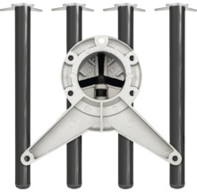 Quatre pieds de table noirs en métal avec des plaques de montage rondes et un adaptateur de montage en aluminium argenté.