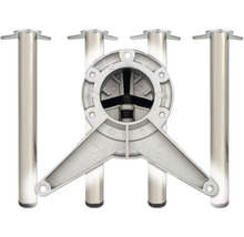 Quatre pieds de meuble cylindriques en métal et un support de montage en fonte d aluminium.