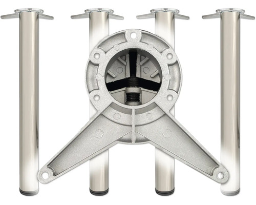 Vier zylindrische Möbelfüße aus Metall und eine Montagehalterung aus Aluminiumguss.