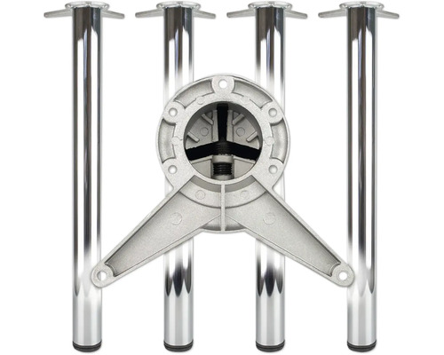 Jeu de quatre pieds de table ronds en métal chromé avec un support de montage en métal.