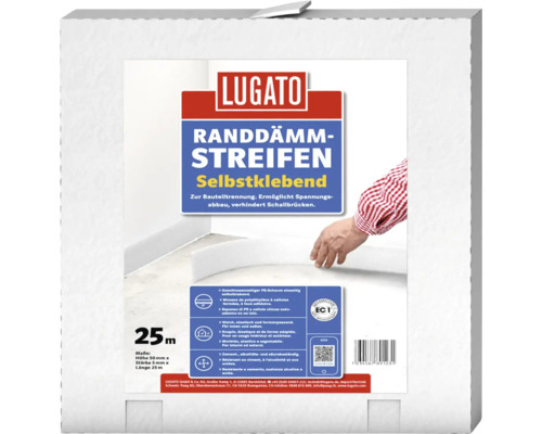 Lugato Randdämmstreifen selbstklebend, 25 Meter Rolle, 50 Millimeter hoch, 5 Millimeter stark, aus PE-Schaum zur Bauteiltrennung.
