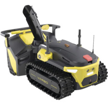 Gelbe und graue robotische Schneefräse mit Gummiketten, schwarzem Auswurfschacht und Frontsensoren.