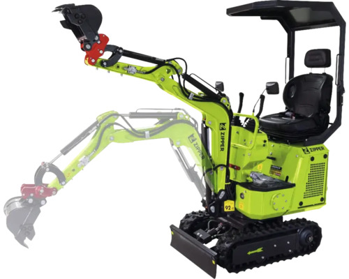 Grüner Zipper Minibagger mit Raupenfahrwerk, verstellbarem Baggerarm und Schutzdach.