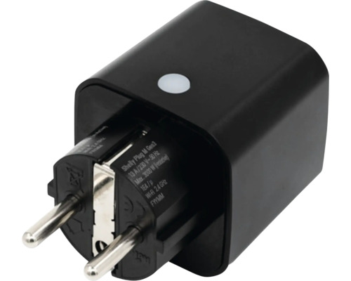 Prise intelligente Shelly Plug M Generation 3 en plastique noir pour la domotique.