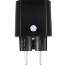 Prise intelligente Shelly Plug M Gen3 noire avec témoin lumineux et spécifications techniques sur les fiches.