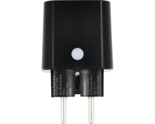 Prise intelligente Shelly Plug M Gen3 noire avec témoin lumineux et spécifications techniques sur les fiches.
