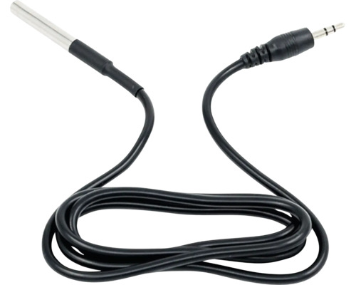 Externer Temperaturfühler mit schwarzem Kabel und Klinkenstecker.