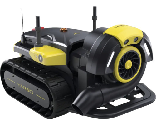 Yarbo Gartenroboter mit Raupenantrieb und Sensoren in Schwarz und Gelb.