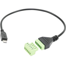 Câble Micro-USB vers bornier à 5 broches, noir avec connecteurs verts.