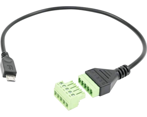 Câble Micro-USB vers bornier à 5 broches, noir avec connecteurs verts.