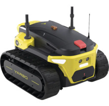 Robot modulaire Yarbo avec chenilles, capteurs et antennes en jaune et noir.