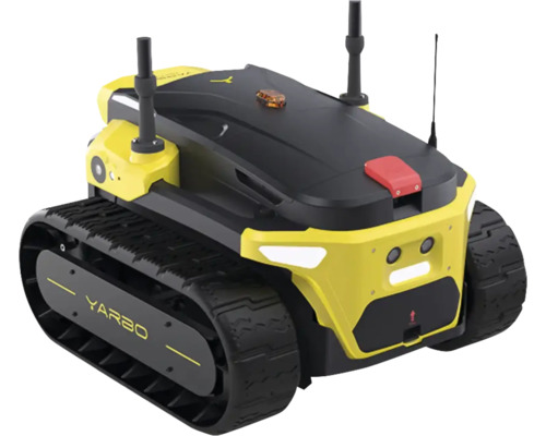 Robot modulaire Yarbo avec chenilles, capteurs et antennes en jaune et noir.