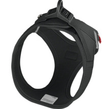 Harnais noir pour chien en matériau air-mesh respirant avec boucle réglable et anneaux pour la laisse.