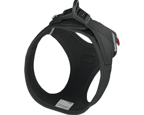 Harnais pour chien noir en maille mesh avec fermeture à clip réglable et bandes réfléchissantes.