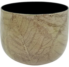 Cache-pot rond en céramique avec motif de feuilles et intérieur noir.