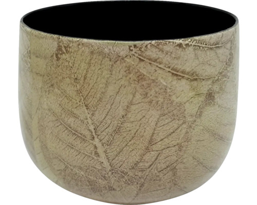 Cache-pot rond en céramique avec motif de feuilles et intérieur noir.
