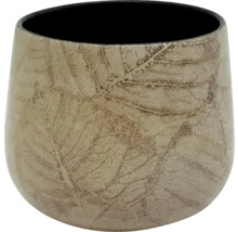 Cache-pot beige rond en céramique avec relief de feuilles et intérieur noir.