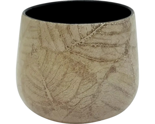 Cache-pot beige rond en céramique avec relief de feuilles et intérieur noir.