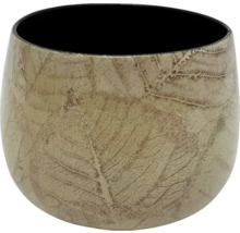 Cache-pot rond en céramique avec motif de feuilles beige en relief et intérieur noir.